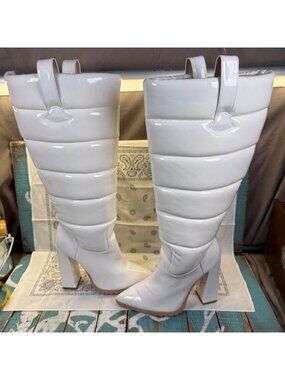 Shane Justin 18"Tall White Pat Leather Puffy Boot Block 5"Heel Womans 36/5.5 EUC